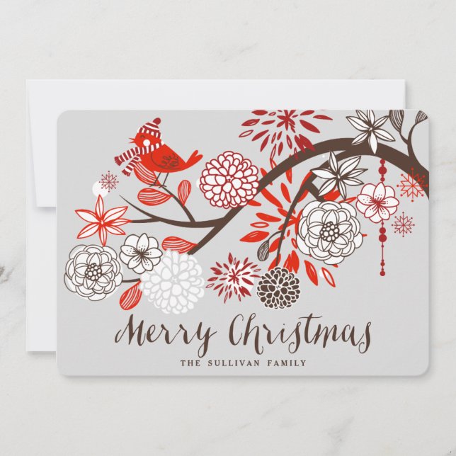 Christmas Bird Floral Holiday Flat Card (Front)