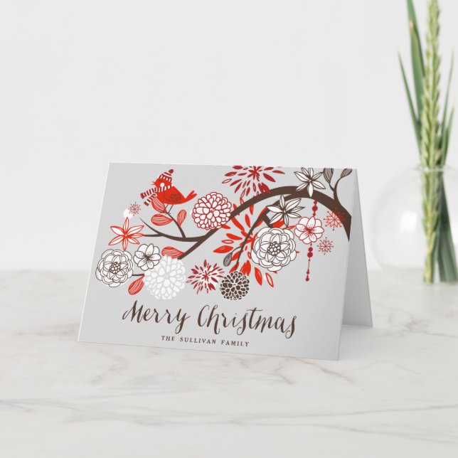 Christmas Bird Floral Holiday Greeting Card (Front)