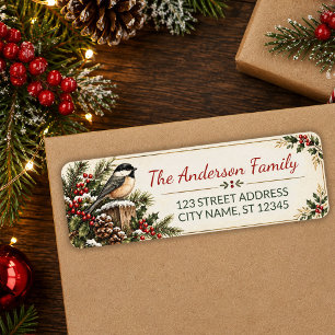 Christmas Bird Holly & Pinecones Return Address Label