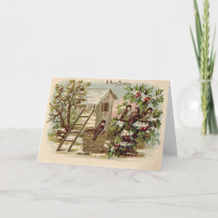 Christmas Bird Holly Snow Ladder Harvest Holiday Card