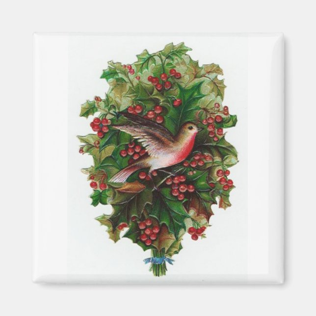 Christmas Bird & Holly Vintage Magnet (Front)