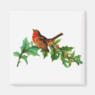 Christmas Bird on Holly Vintage Magnet