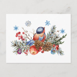 Christmas Bird, Red Berries and Snowflakes Holiday Postcard