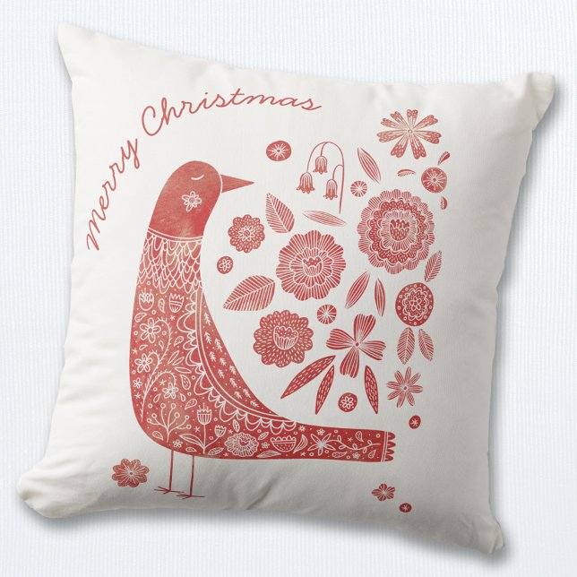 Christmas Bird Scandinavian Red White Cushion (Scandinavian Nordic red and white bird pillow with Merry Christmas text.)