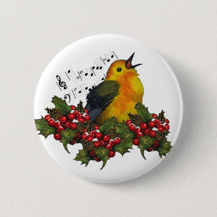 Christmas Bird Singing With Hollly, Berries 6 Cm Round Badge