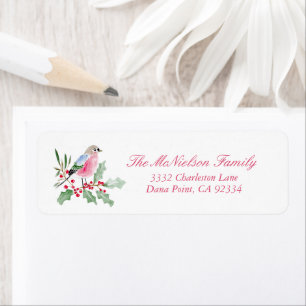 Christmas Bird Watercolor Holly Berries Address Return Address Label