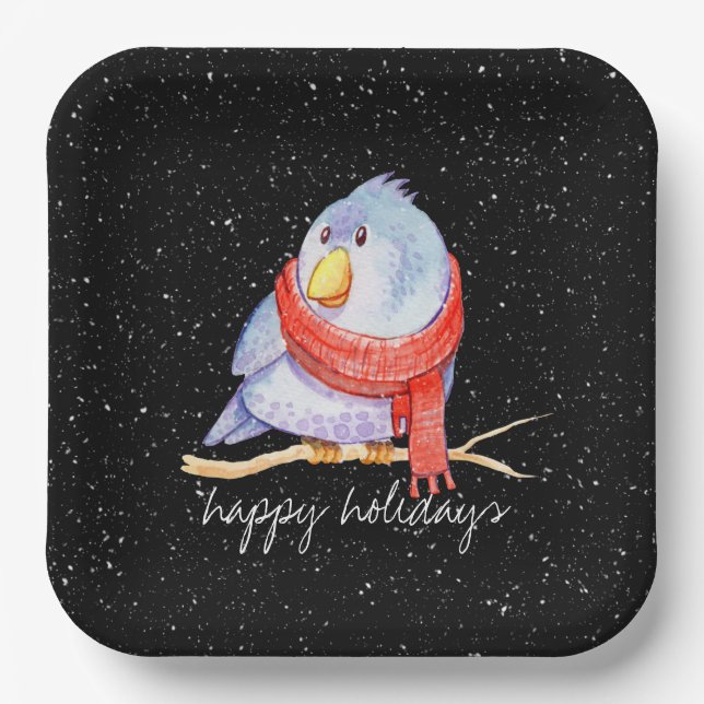 Christmas Bird with Scarf In Snowflakes  Paper Plate (Front)
