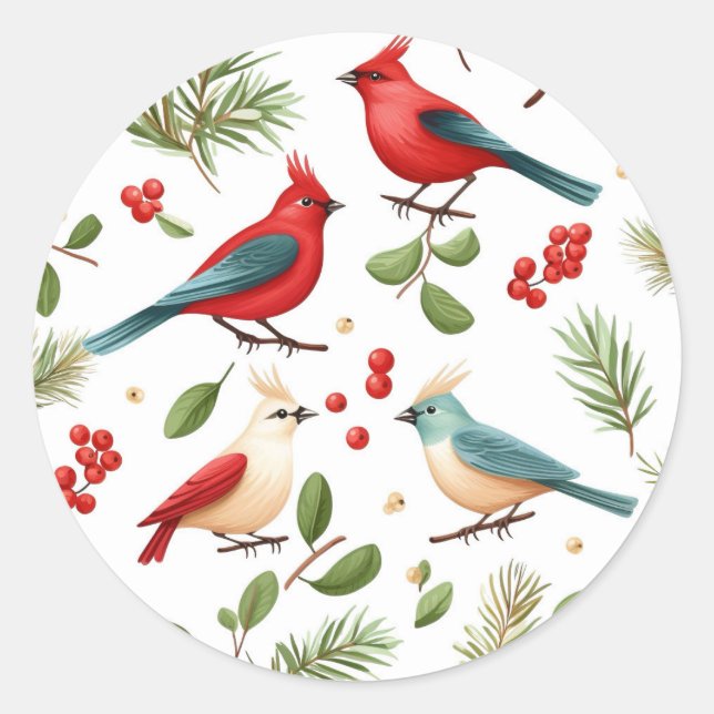 Christmas Birds and Berries Classic Round Sticker (Front)