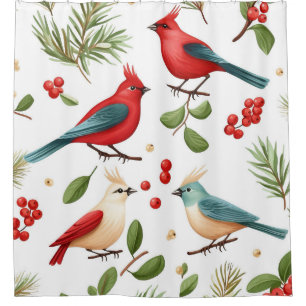 Christmas Birds and Berries Shower Curtain