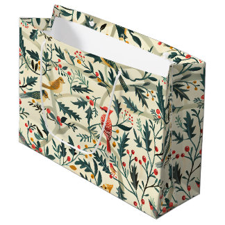 Christmas Birds and Leaves Large Gift Bag