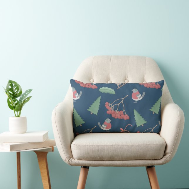 Christmas Birds and Sleds Blue Lumbar Cushion (Chair)