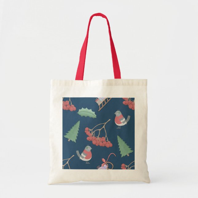Christmas Birds and Sleds Blue Tote Bag (Front)