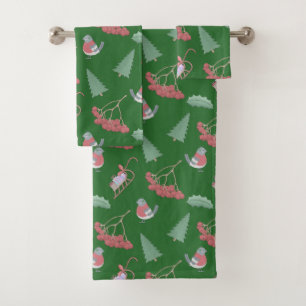 Christmas Birds and Sleds Green Bath Towel Set