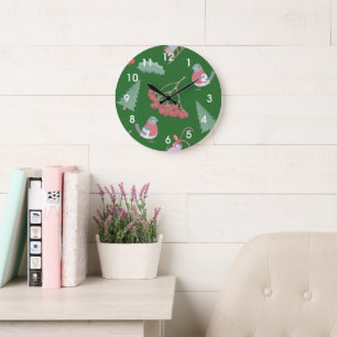 Christmas Birds and Sleds Green Large Clock