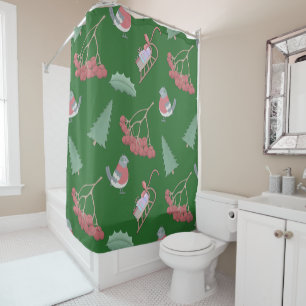 Christmas Birds and Sleds Green Shower Curtain