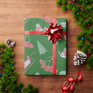 Christmas Birds and Sleds Green Wrapping Paper