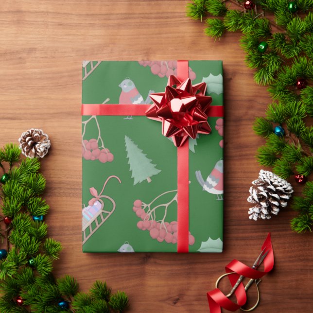 Christmas Birds and Sleds Green Wrapping Paper (Creator Uploaded)