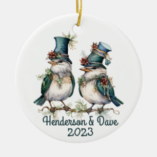 Christmas Birds Couple Green Ceramic Ornament