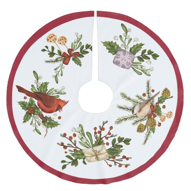 Christmas Birds Holly Brushed Polyester Tree Skirt (Front)