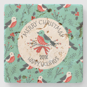 Christmas Birds Pattern Customisable Template Stone Coaster