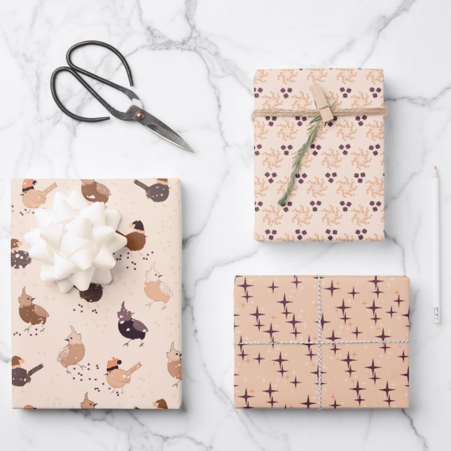 Christmas birds, stars and berries on light wrapping paper sheet (Front)