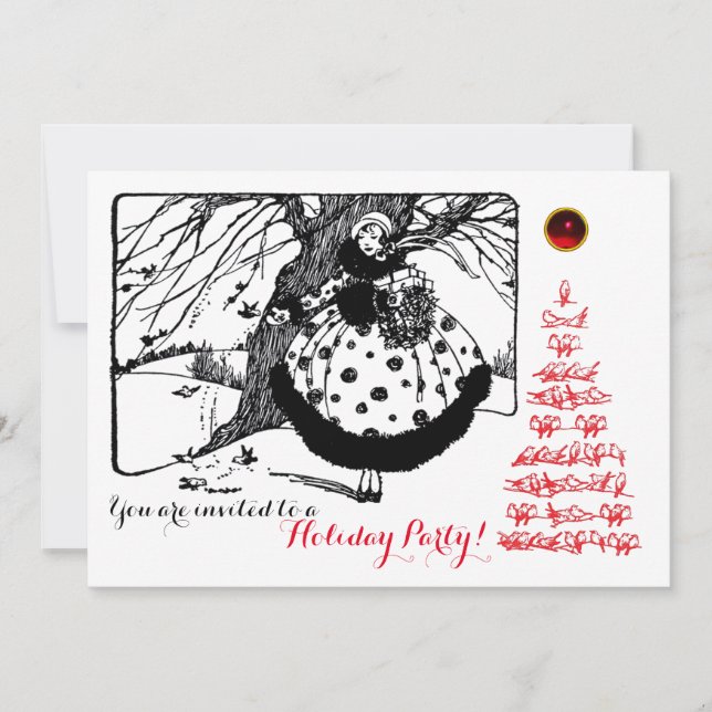 CHRISTMAS BIRDS TREE AND LADY Black White Red Invitation (Front)