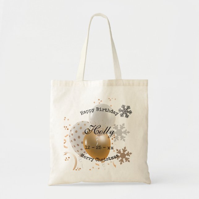 Christmas Birthday Balloons and Snowflakes Tote Bag (Front)