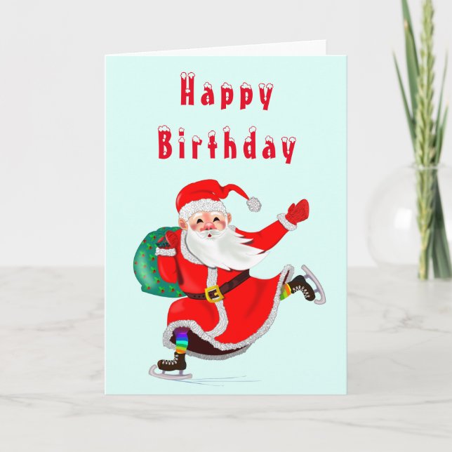 Christmas Birthday Card Santa with Gift (Front)