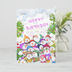 Christmas Birthday Card with Happy Snowmans Party