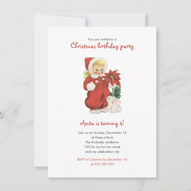 Christmas Birthday Cute Retro Girl Red Poinsettia Invitation (Front)