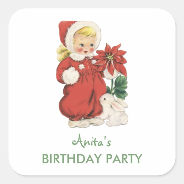 Christmas Birthday Cute Retro Girl Red Poinsettia Square Sticker (Front)