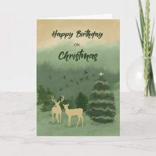 Christmas Birthday Green Landscape with Tree Card