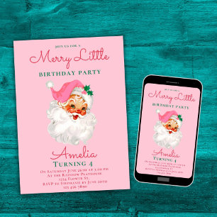 Christmas Birthday Invitation Pink Vintage Santa