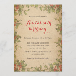 Christmas Birthday Party Vintage Holly Wreath 50th Invitation