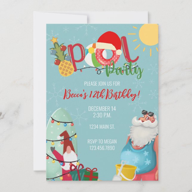 Christmas Birthday Pool Party Santa Winter Party Invitation (Front)