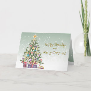 Christmas Birthday, tree with baubles, presents Holiday Card