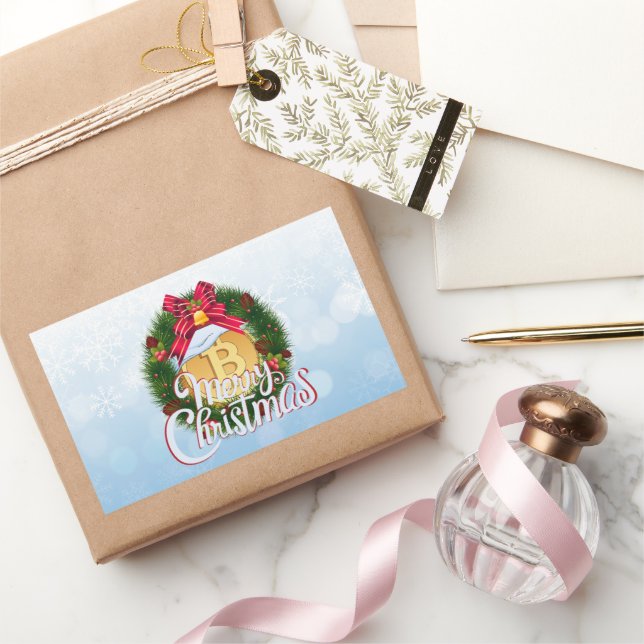 Christmas Bitcoin inside Holiday Wreath Rectangular Sticker (Gifting)