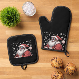 Christmas Black African American Santa Xmas Oven Mitt & Pot Holder Set