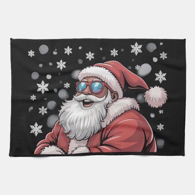 Christmas Black African American Santa Xmas  Tea Towel (Horizontal)