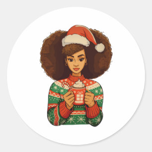 Christmas Black Afro Girl Xmas Santa Hat African Classic Round Sticker