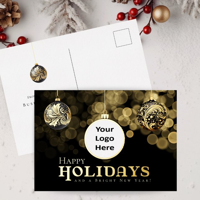 Christmas Black and Gold Happy Holidays Business Foil Holiday Postcard (A Classy Black and Gold Corporate Business Postcard with Ornaments and Logo)