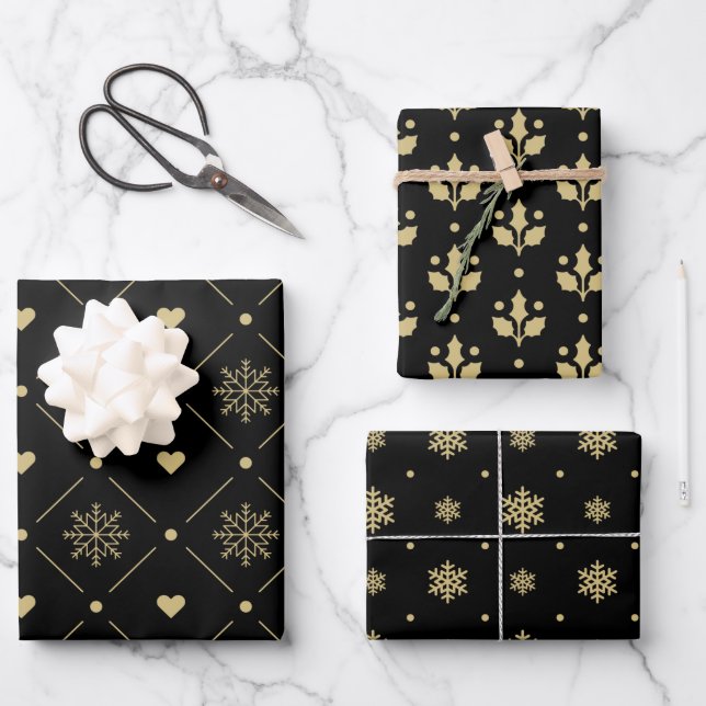 Christmas Black And Gold Snowflake Holly Pattern Wrapping Paper Sheet (Front)