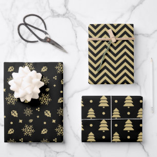 Christmas Black And Gold Snowflake Tree Pattern Wrapping Paper Sheet