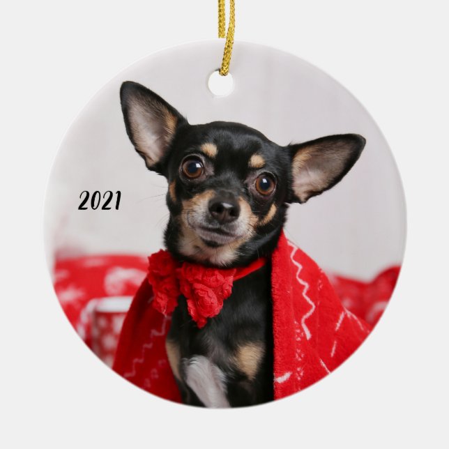 Christmas Black and Tan Chihuahua Puppy Dog Ceramic Ornament (Front)