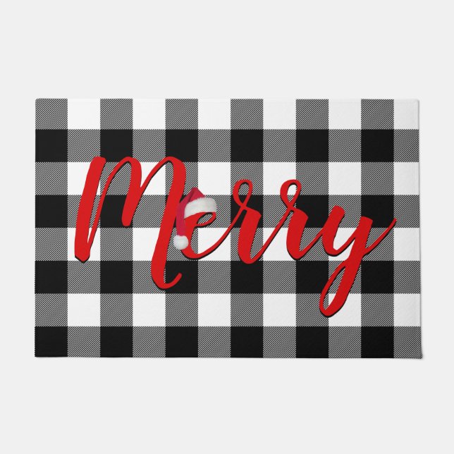 Christmas Black and White Buffalo Plaid Doormat (Front)