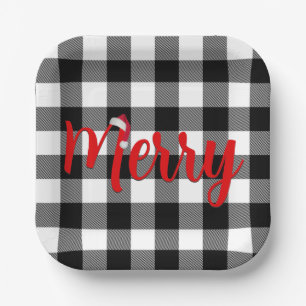 Christmas Black and White Buffalo Plaid Paper Plate