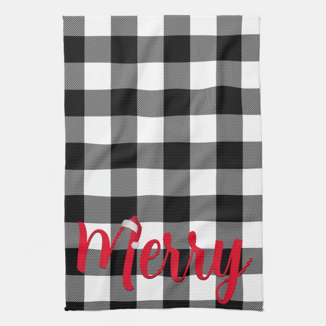 Christmas Black and White Buffalo Plaid   Tea Towel (Vertical)