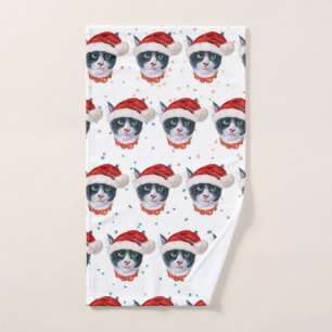 Christmas Black And White Cat Watercolor Hand Towel