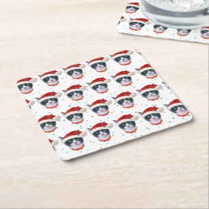 Christmas Black And White Cat Watercolor Square Paper Coaster