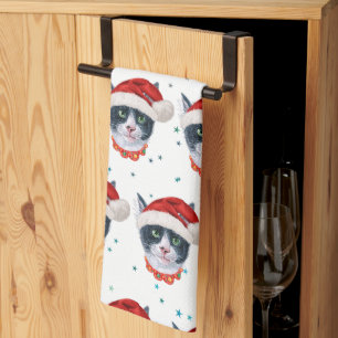 Christmas Black And White Cat Watercolor Tea Towel
